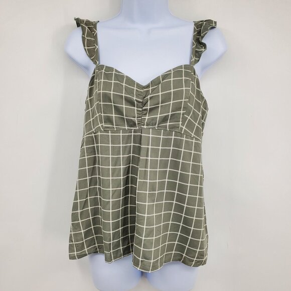 Abercrombie & Fitch Green Plaid Babydoll Top Smocked Back Ruffle Sleeve Shirt M - Picture 1 of 6